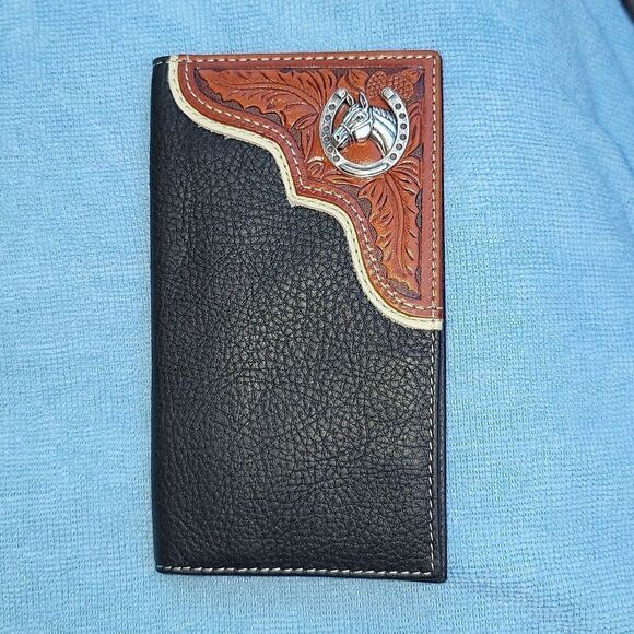 Western Genuine Leather Two Tone Checkbook Wallet Card Holder Horse Horseshoe - Picture 1 of 11